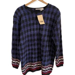 Vintage 90’s Blue Black Red Houndstooth Sweater Large NWT Deadstock